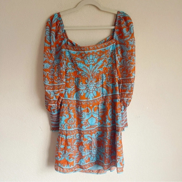 Alice + Olivia Rowen Tiered Long-Sleeve Tie Back Babydoll Dress Orange Blue NWT - Picture 2 of 7